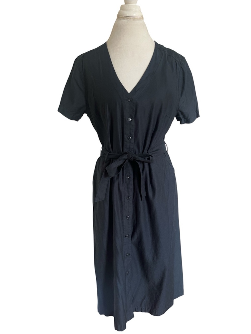 Dockers NWT Black Lyocell Cotton Blend Button Front Midi Dress Belted Size Large